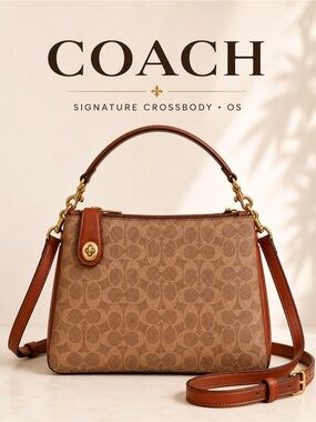 Coach Signature Crossbody Bag Brown Tan Monogram Leather Trim Double Zip